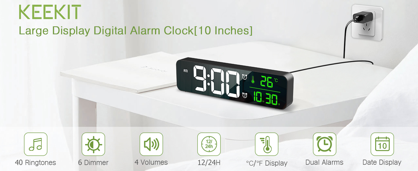 KeeKit Digital Alarm Clock, Large Display Wall Clock for Bedroom