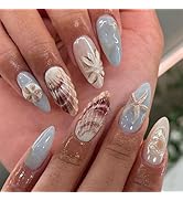Summer Almond Press on Nails Medium Fake Nails with Designs 3D Sea Stars Blue Glue on Nails Shell...