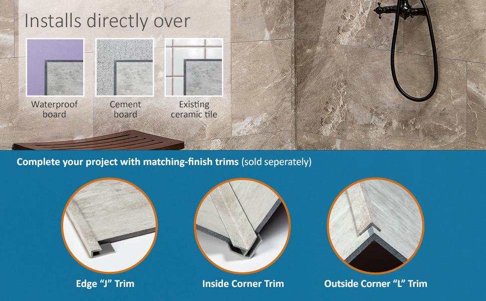 Palisade Tiles installs over Waterproof Board, Cement Board, Existing Ceramic Tile Trim