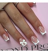 French Tip Press on Nails Short Square Fake Nails Glossy White French Full Cover Glue on Nails wi...