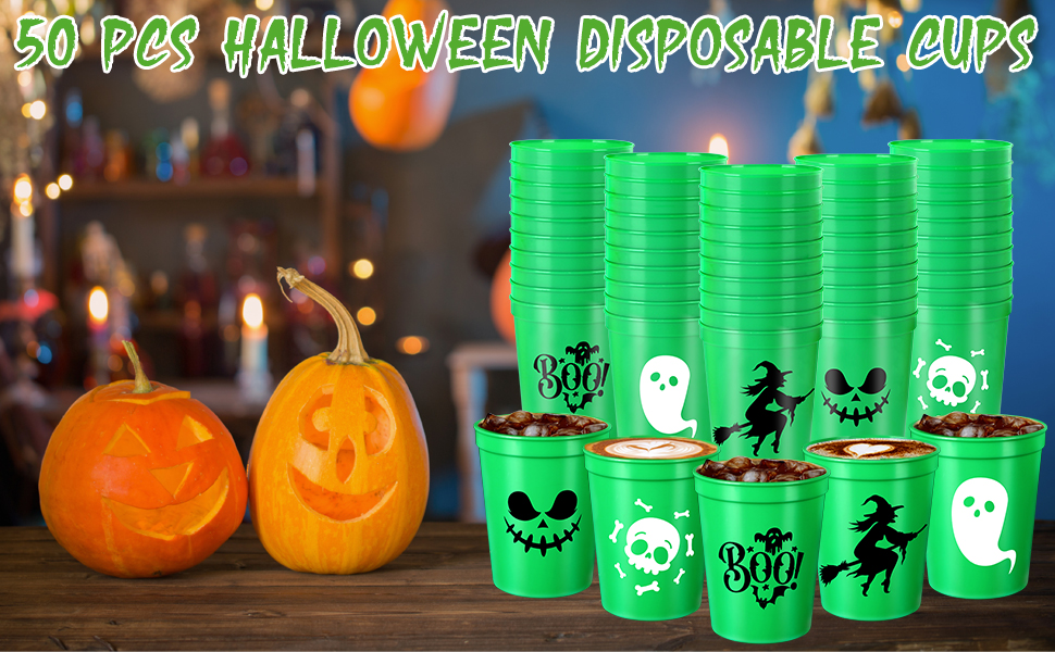 Erweicet 50 PCS Halloween Plastic Party Cups 16 oz Green