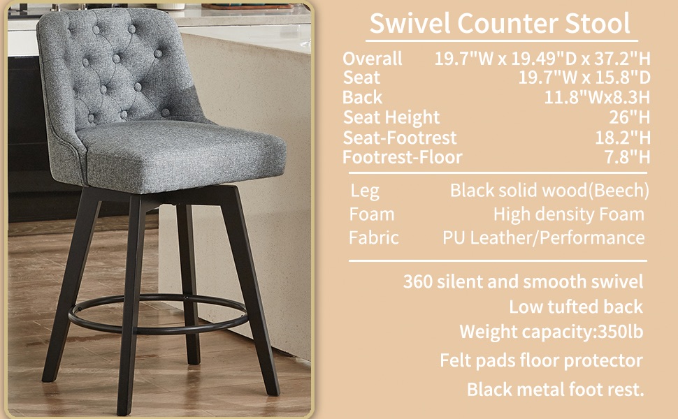 MINCETA Counter Stool,26" 360 Free Swivel Upholstered Bar