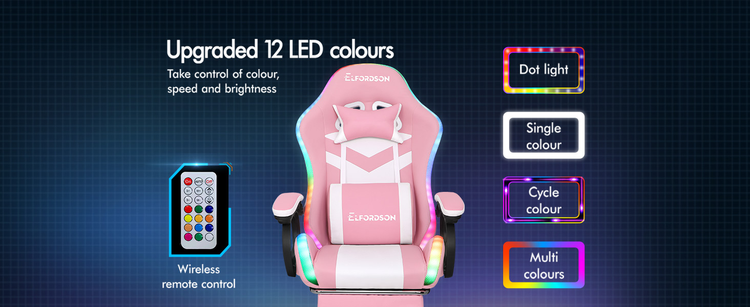 ELFORDSON Gaming Chair With RGB LED Light 8-Point Massage, Pink & White 12 3-1