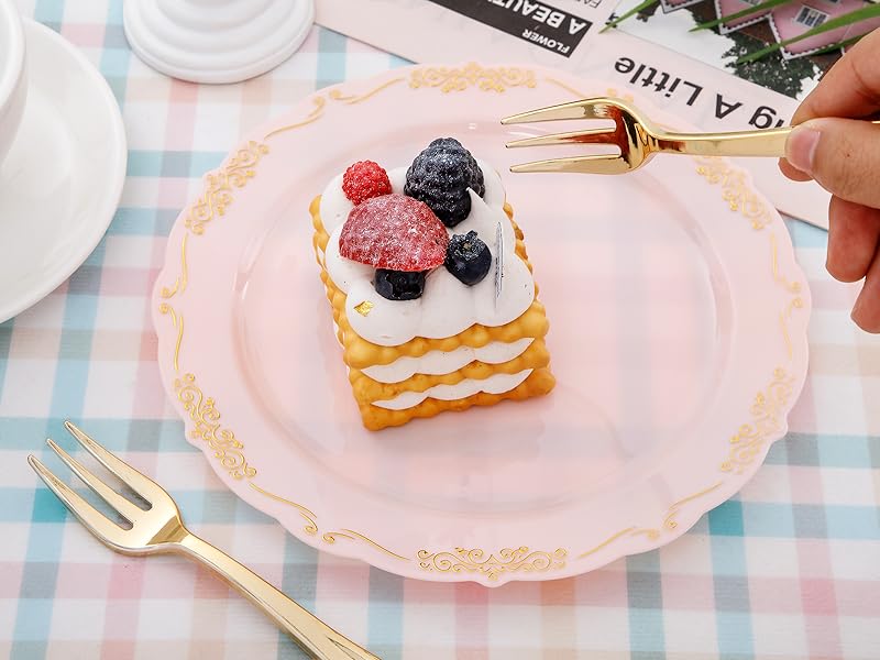 LIYH 100pcs Pink Gold Dessert Plates, 100pcs Gold Plastic