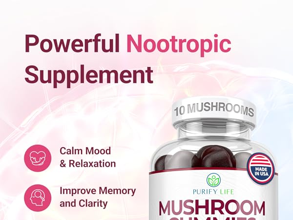 Mushroom Supplement w Lions Mane Nootropic Brain Supplement, Immune Support & Stress Relief 