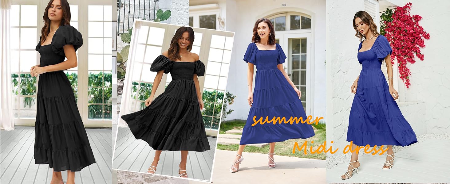 Women's Casual Summer Midi Dress Puffy Short Sleeve Square Neck Smocked Tiered Ruffle Dresses 