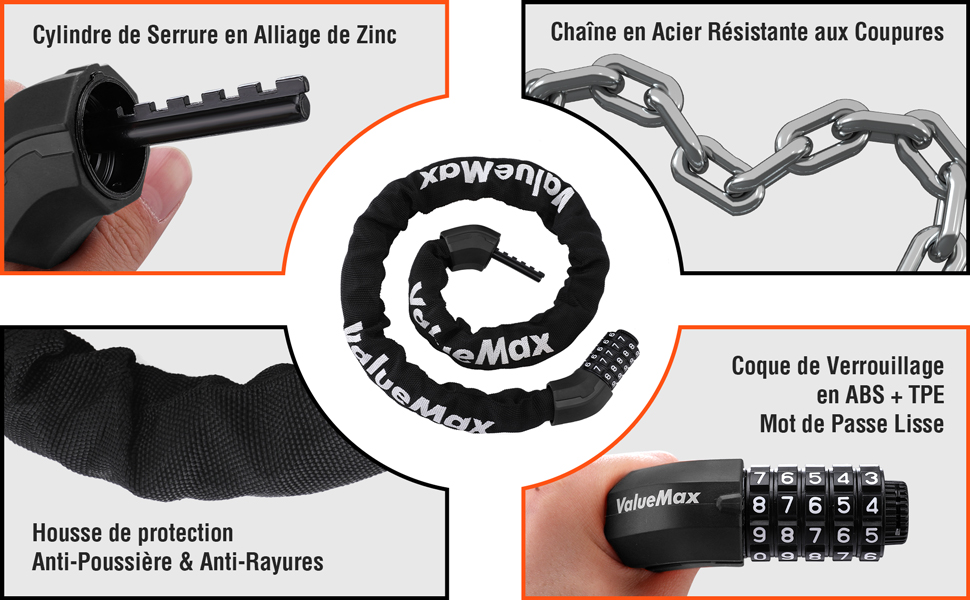 ValueMax Chaîne Antivol Vélo à Code De 1000 Mm 8 Mm Avec 5 Chiffres Mot De Passe, Cadenas à Vélo En Acier Trempé Haute Sécurité Pour Vélo, Moto, Porte, Portail 11 2