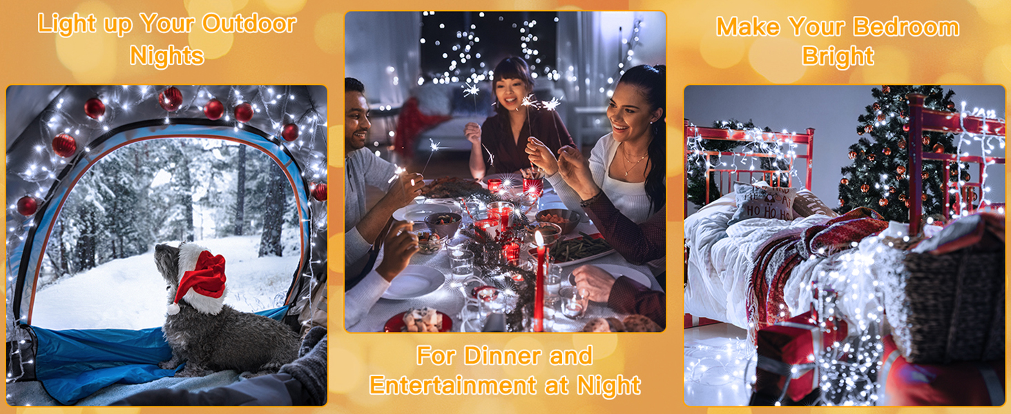 Composite of three holiday scenes: snowy outdoor setting, indoor dinner party, and decorated Christmas tree, all featuring string lights for festive ambiance.