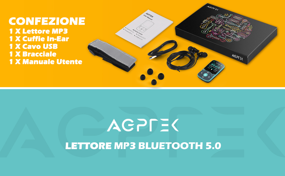 Confezione Lettore MP3 Cuffie In-Ear Cavo USB Bracciale Manuale Utente Lettore MP3 Bluetooth 5,0