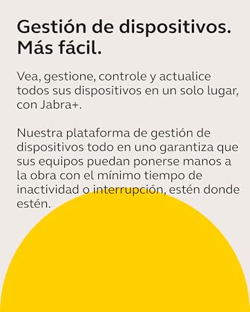 Banner de marketing con un gran semicírculo amarillo que muestra texto en español sobre la plataforma de administración de dispositivos, enfatizando el fácil control y las actualizaciones en un solo lugar.