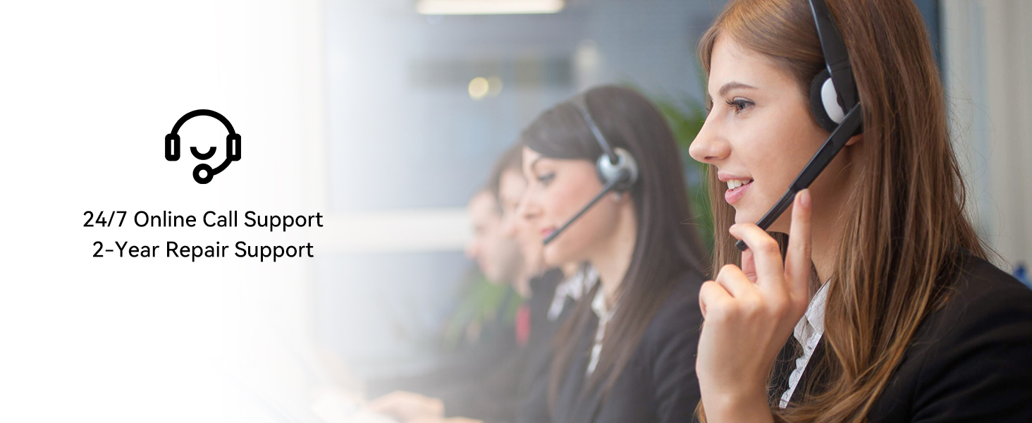 Text reads '24/7 Online Call Support' with headphone icon. Customer service representatives wearing headsets in professional setting.