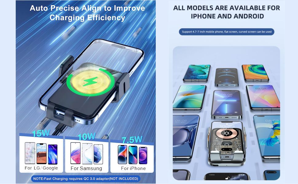 Wireless charging pad for multiple smartphone models, featuring auto-align technology and compatibility with various phone brands.