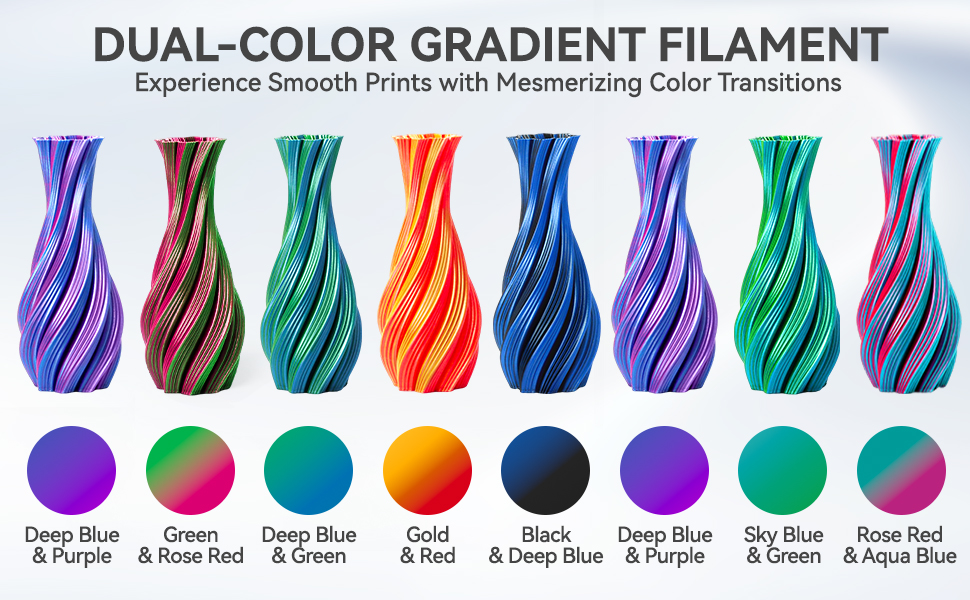 Epelay 3D Printing Filament, Silk PLA Printer Filament 1.75mm, Shiny Dual Color Change, Neatly Wound Bundle, 4 x 250g Spools for FDM Printers 10 Epelay 3D PLA filament includes 4 stunning silk PLA filament spools