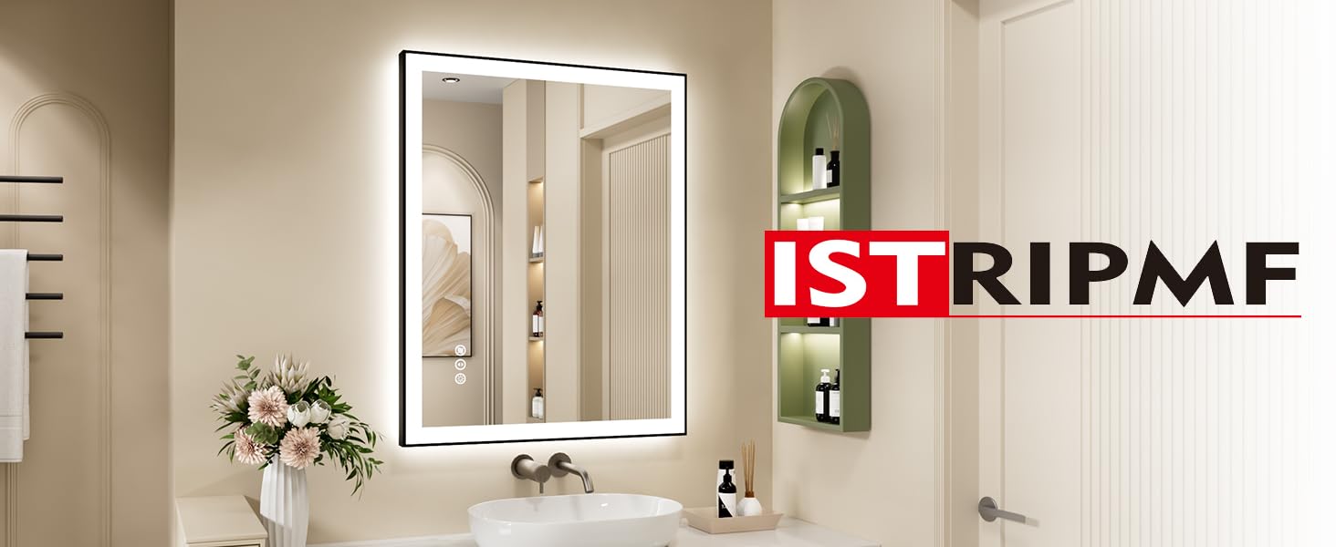 ISTRIPMF 40x36 Inch LED Bathroom Mirror with Black Frame