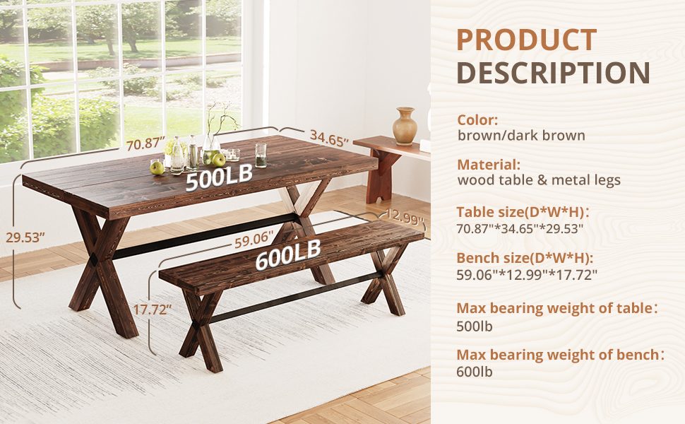 LUE BONA 71" Dining Table for 68 Solid Wood Farmhouse