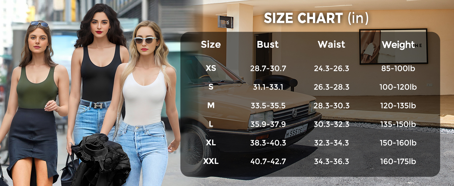 women Scoop neck sleeveless bodysuits Size Chart