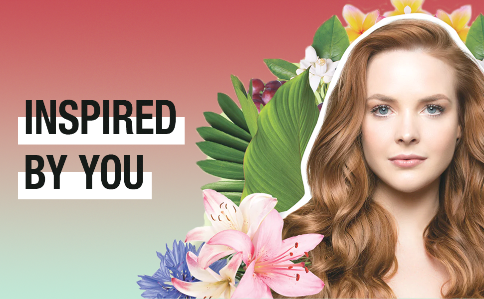 Black Words read Inspired by you, next to female with red hair down and floral background.