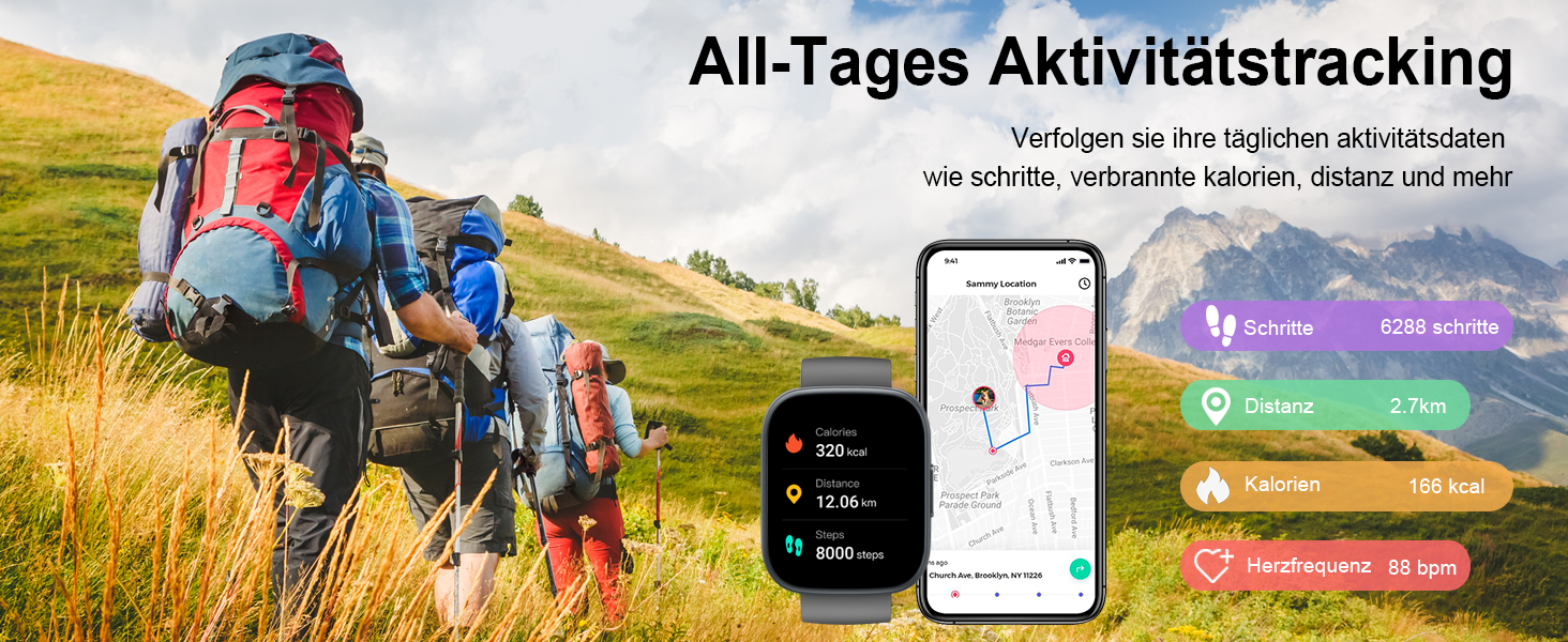 Zusammengesetztes Bild, das Wanderer auf einem Bergweg zeigt, eine Smartwatch mit Fitnessmetriken und ein Smartphone mit einer App-Oberfläche zur Aktivitätstracking-App mit farbenfrohen Symbolen und