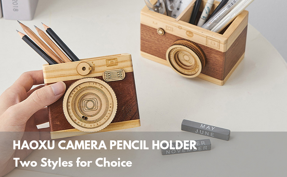 1pc Wooden Creative Unique Pen Holder, Retro Camera