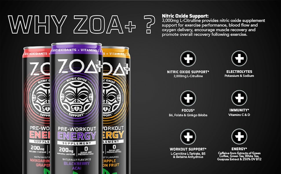 ZOA Plus SugarFree PreWorkout Drink, Ready to Drink with