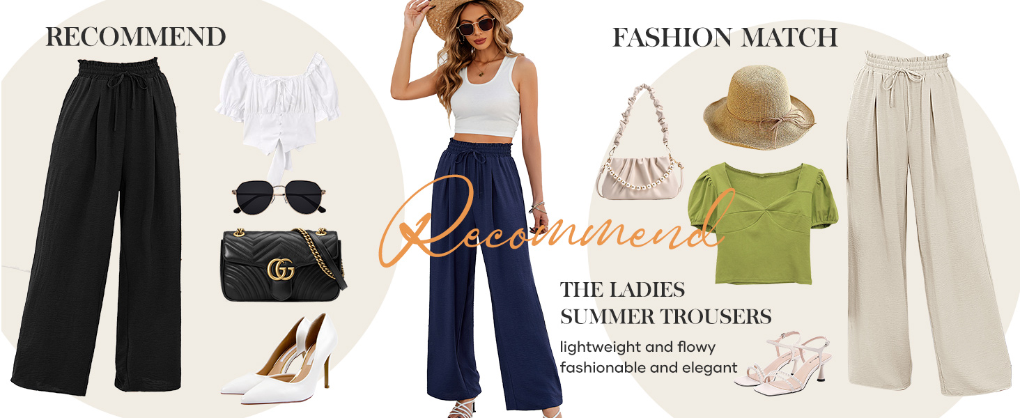 CMTOP Wide Leg Trousers for Women Summer Baggy Trousers Elastic High Waist Casual Loose Pants Ladies Lounge Pant with Pockets 12 CMTOP