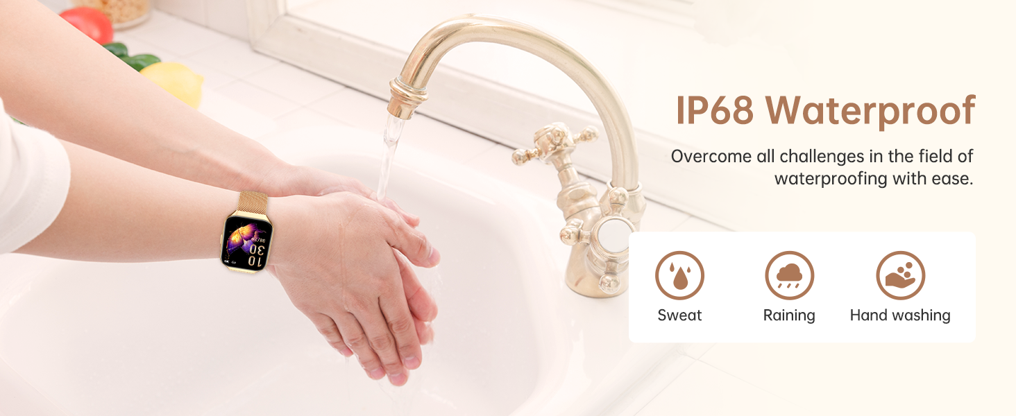 Smartwatch demonstrating IP68 waterproof rating. Hand with watch under running faucet. Icons show splash, rain, and hand washing resistance.