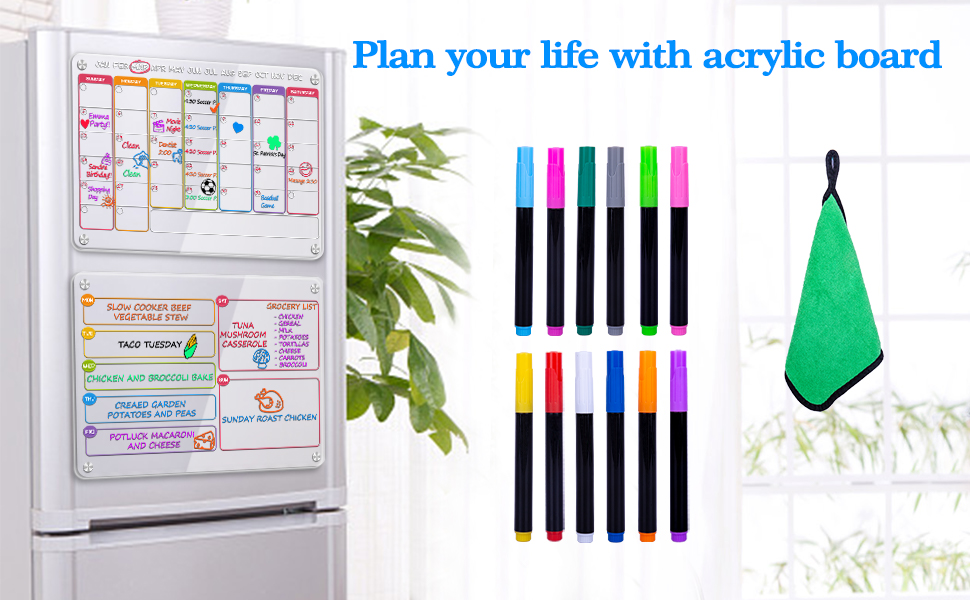 Acrylic Calendar, 2Pack Acrylic Fridge Board Reusable Planner Monthly & Weekly, Dry
