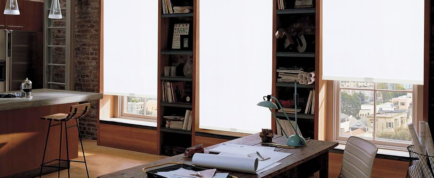 SUNOFF 100% Blackout Roller Shades Free-Stop with Valance for Study