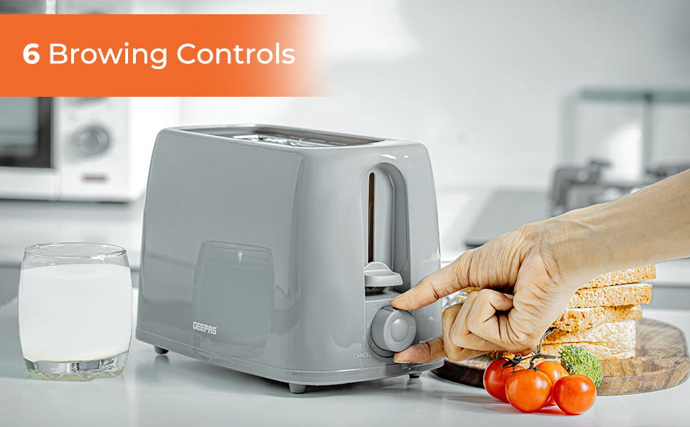 Geepas 2 Slice Bread Toaster with 6 Level Browning Control Removable