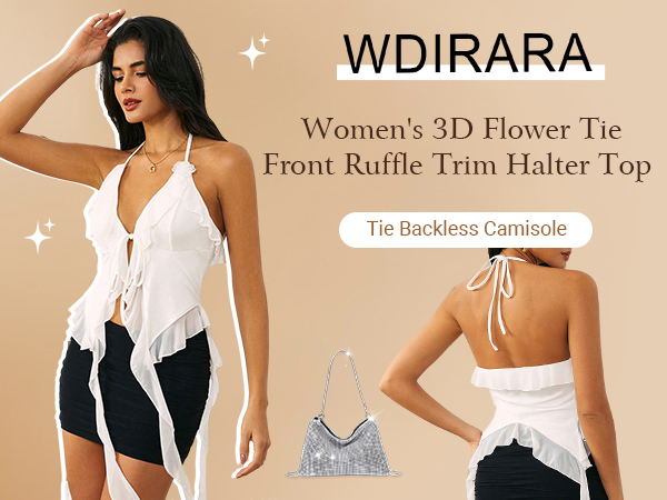 WDIRARA Women's 3D Flower Tie Front Ruffle Trim Halter Top