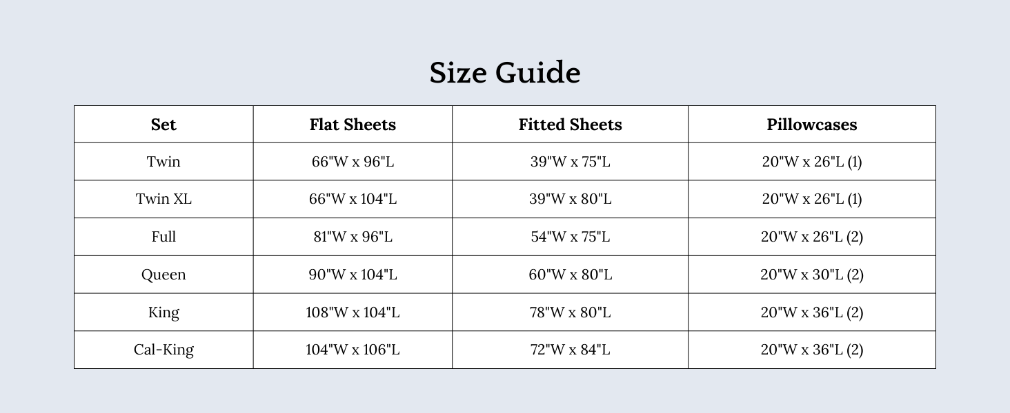 Size Guide for the Sheet Set.
