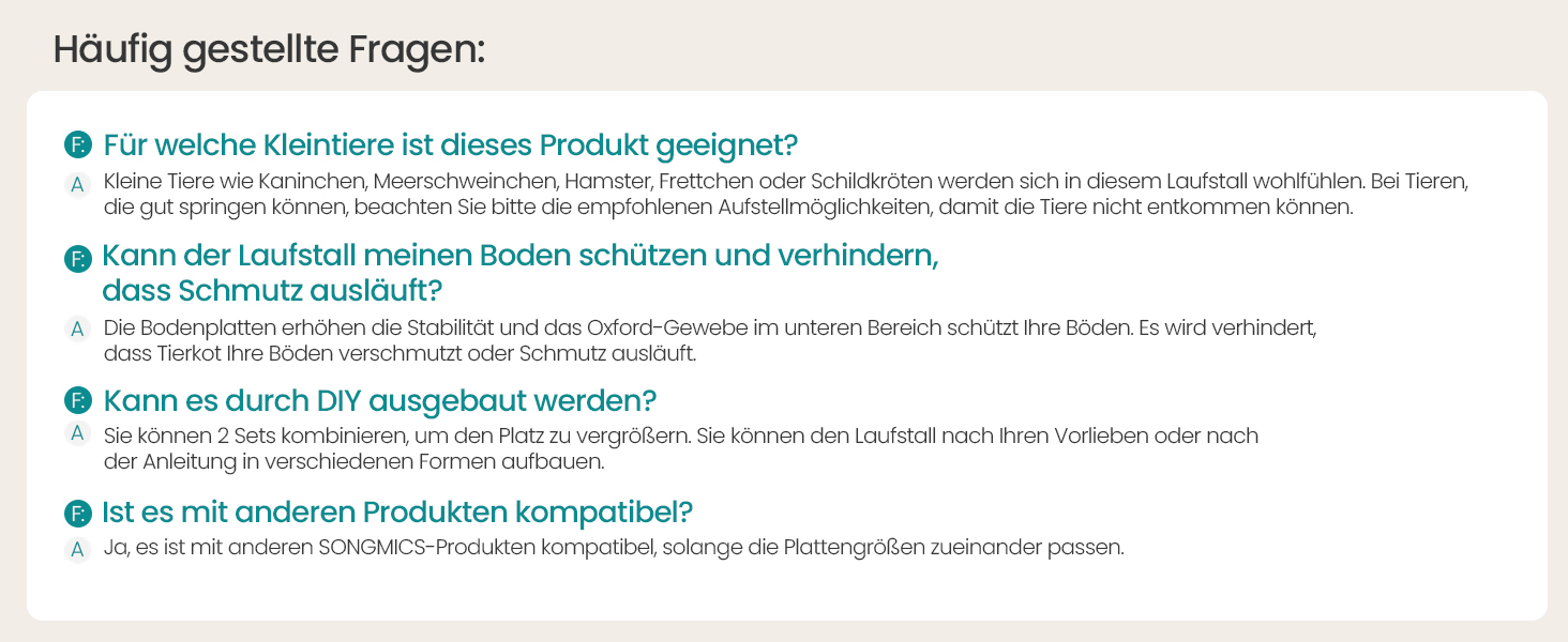Abschnitt mit häufig gestellten Fragen auf Deutsch mit vier Fragen und Antworten zur Eignung eines Produkts, zu den Schutzfunktionen, zur Eigenmodifikation und zur Kompatibilität mit anderen Produkten