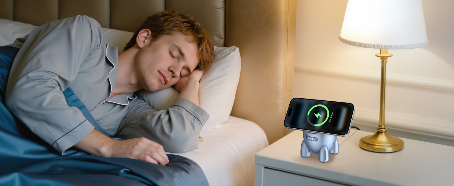 Series of images showing sleeping scenes in bedroom settings with digital device displays visible on nightstands or nearby surfaces.