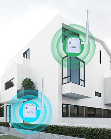 Modern white house exterior with blue circular wireless signal indicators overlaid, suggesting connected home technology installation points.