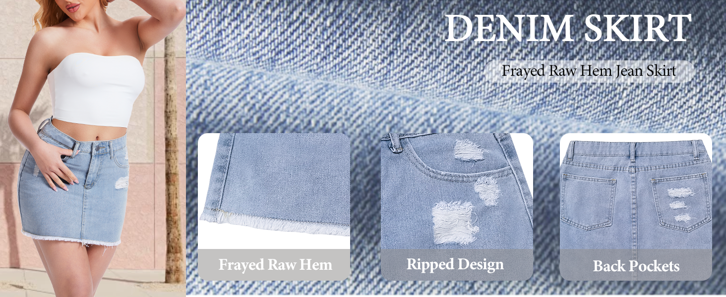 Womens Mini Denim Skirt Casual Ripped Mid Waist Jeans Skirts for Women Frayed Raw Hem Denim Skirts