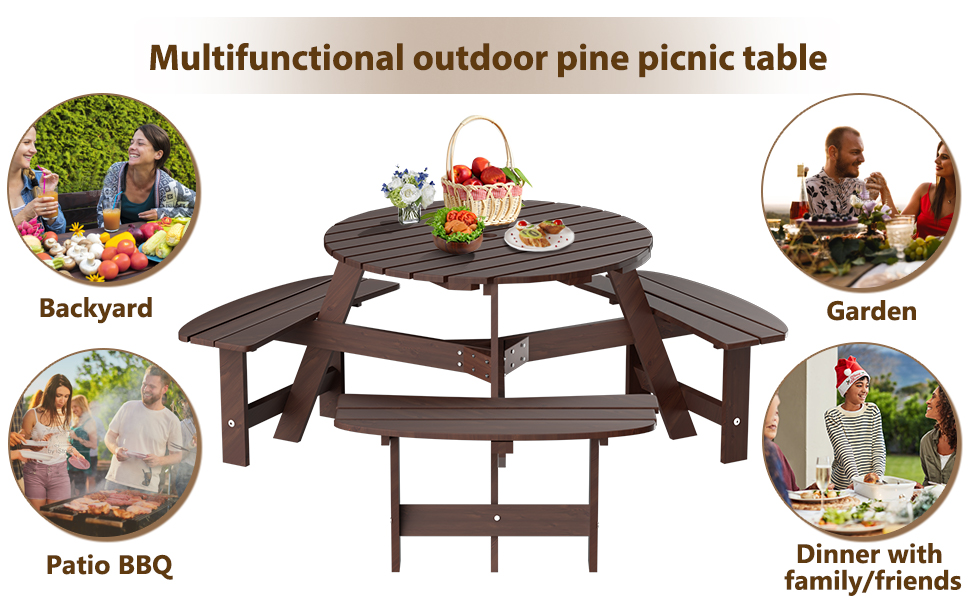 ROOMTEC 6 Person Wooden Picnic Benches, Outdoor Round