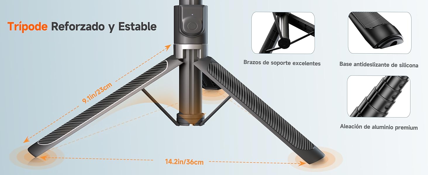 con patas ajustables, construcción de aluminio y pies antideslizantes. Las características incluyen soportes de soporte y una almohadilla de silicona. Dimensiones mostradas: 36 cm de ancho.