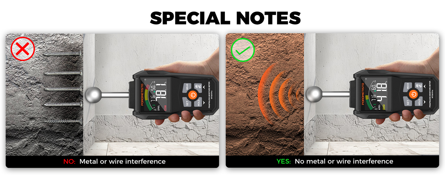 SPECIAL NOTES: NO: Metal or wire interference; YES: No metal or wire interference