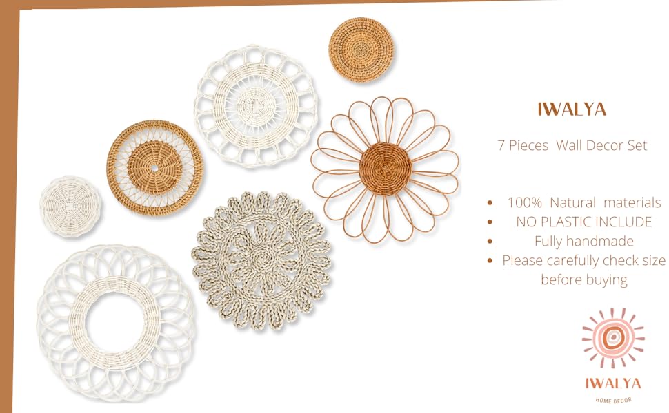 IWALYA Boho Wall Decor Set 7 Pieces Flat Rattan Wall