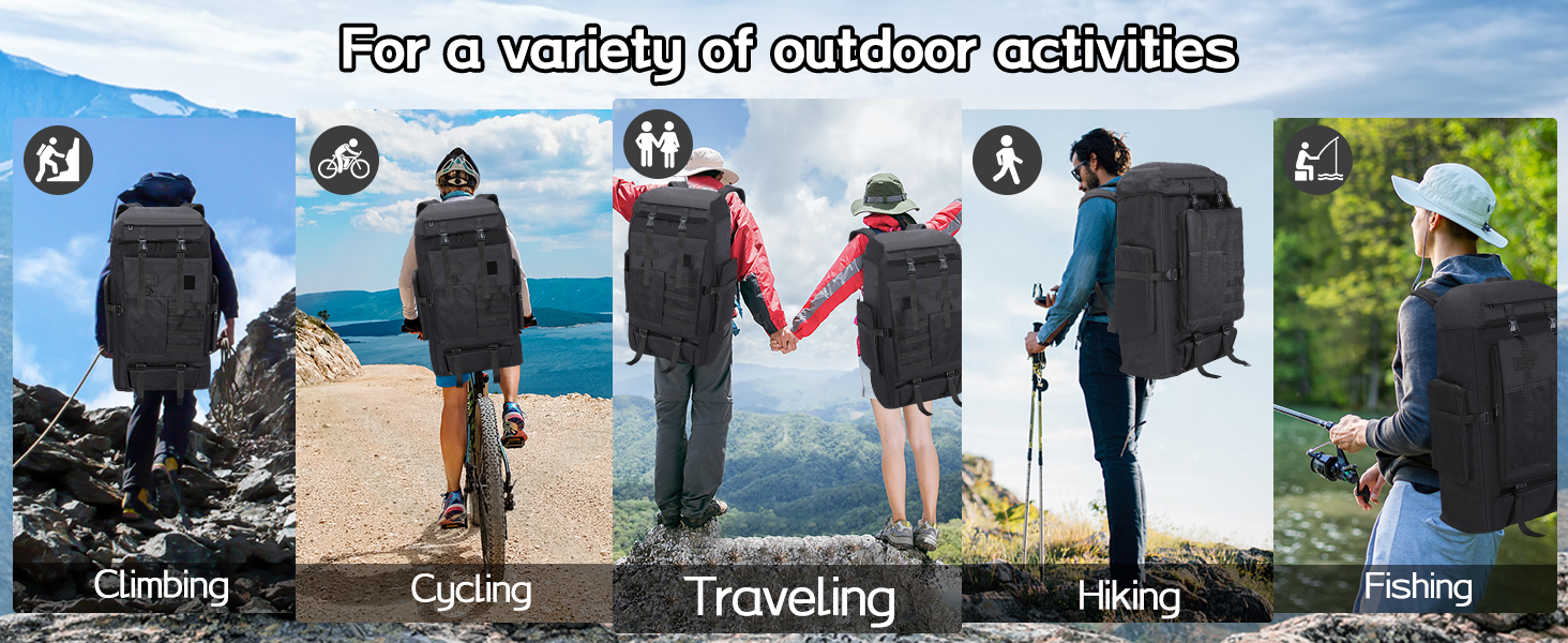 Sac à dos noir présenté dans de nombreux environnements extérieurs : escalade, vélo, voyages, randonnée et pêche. Les icônes ci-dessus indiquent diverses activités. Le texte suggère une polyvalence pour une utilisation en extérieur.