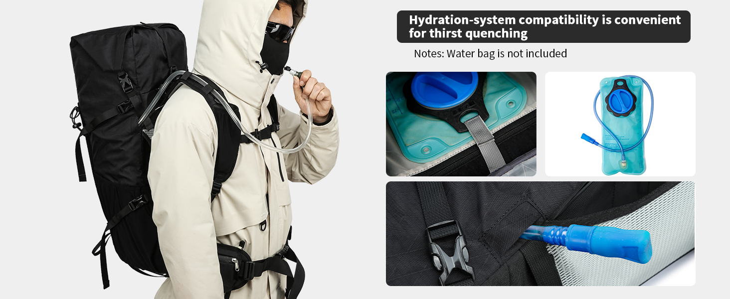 Black hydration backpack with shoulder straps and waist belt. Inset images show compatibility with water bladder systems and a blue drinking tube.