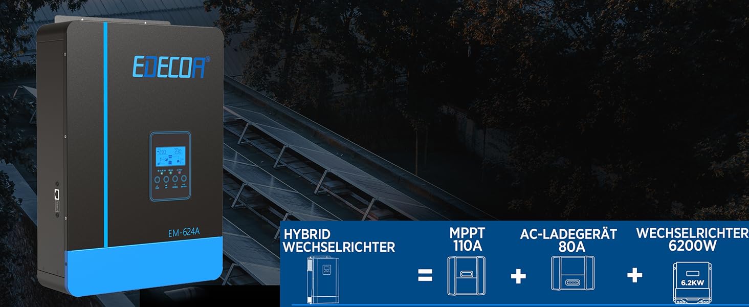 EDECOA 6200w Hybrid Wechselrichter 48v auf 230v 7000VA/6200W Solar Ladegerät MPPT 110A Reiner