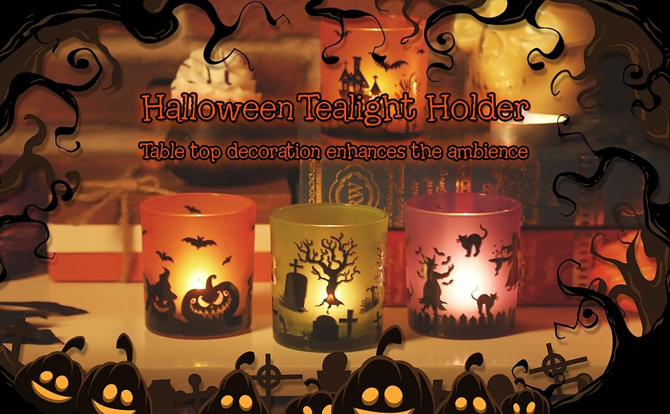 Halloween Votive Candle Holders Set of 6, Glass tealight