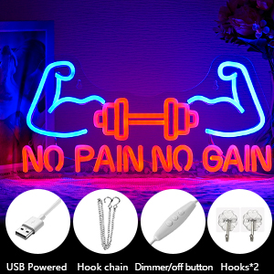 Neon sign reading 'NO PAIN NO GAIN' with stylized arm flexing icons. Below are icons for USB power, hook, dimmer/off button, and hooks.