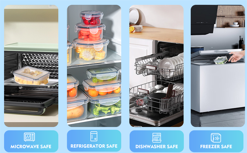 Glass food storage containers with colorful contents shown in various kitchen appliances: microwave, refrigerator, dishwasher, and freezer. Icons indicate safety for each appliance.