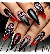 SINHOT Coffin Press on Nails - Medium Fake Nails, Glossy Finish, Gothic Rose Bat & Red Black, DIY...