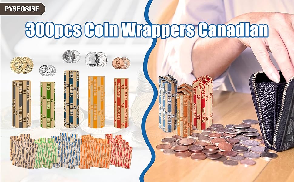 300 Pcs Coin Rollers Canadian, Assorted Coin Wrappers, Kraft Paper Flat