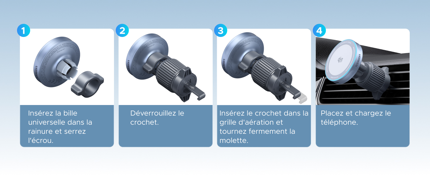 Schéma pédagogique illustrant les quatre étapes du processus d'assemblage ou d'utilisation d'un produit, avec des indicateurs bleus circulaires numérotés.
