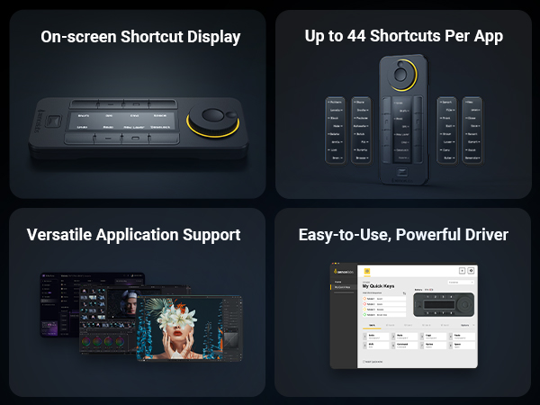 Text reads 'On-screen Shortcut Display', 'Up to 44 Shortcuts Per App', 'Versatile Application Support', 'Easy-to-Use Powerful Driver'. Interface screenshots showing software features and controls.