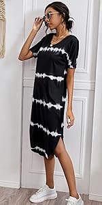 Milumia Women's Casual V Neck Short Sleeve Split Curved Hem Straight Midi T Shirt Dress